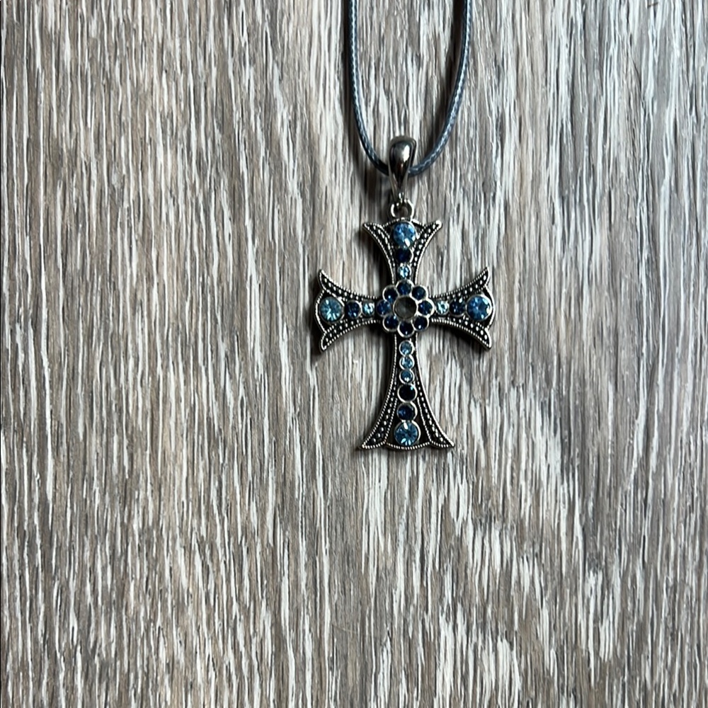 Silver Cross Pendant Necklace with Blue Accents